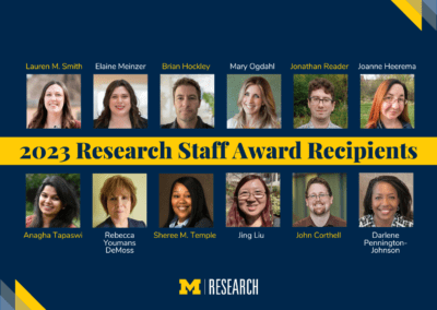 headshots of the 2023 Research Staff Award Recipients in two rows of six on a blue background Lauren M. Smith Elaine Meinzer Brian Hockley Mary Ogdahl Jonathan Reader Joanne Heerema Jing Liu John Corthell Darlene Pennington-Johnson Anagha Tapaswi Rebecca Youmans DeMoss Sheree M. Temple
