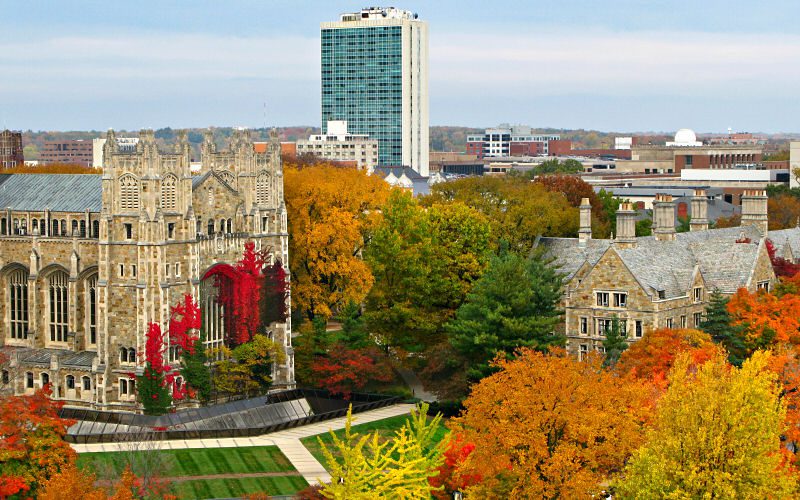 photo of U-M law school from above in the fall