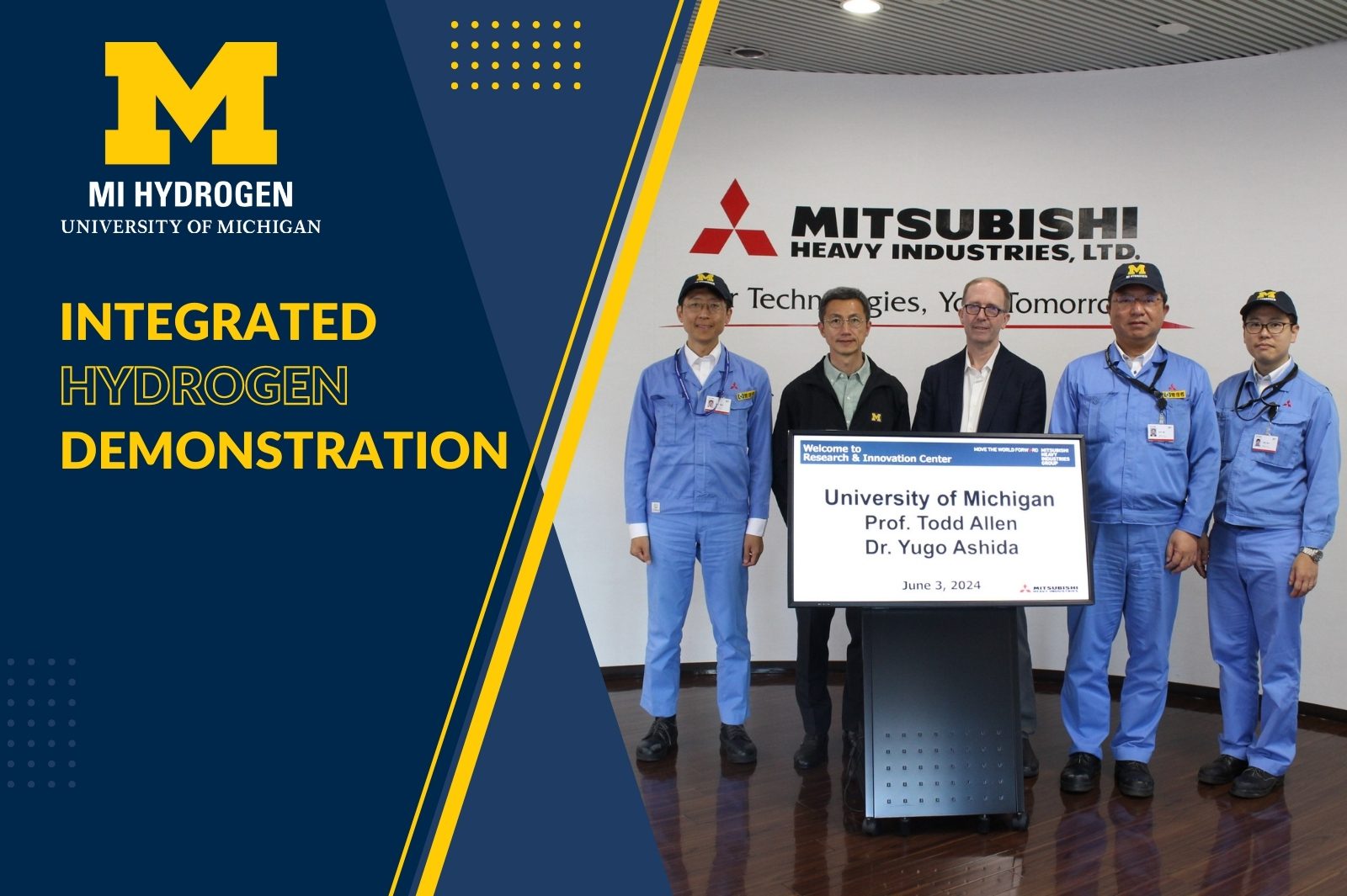 Graphic with group photo, including Mitsubishi staff, Todd Allen and Yugo Ashida