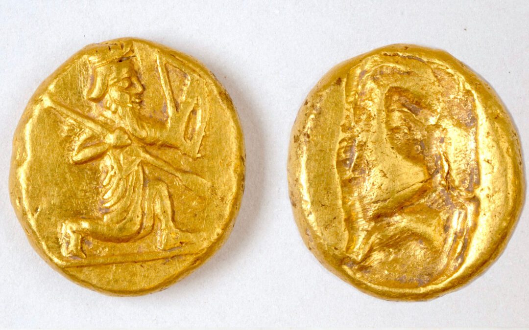 Archaeologists discovered a pot of gold Persian coins, called darics, at the ancient city of Notion in Turkey. The coins show a figure of a kneeling archer, the characteristic design of the Persian daric, a type of gold coin issued by the Persian Empire and probably minted at Sardis, 60 miles northeast of Notion, according to Christopher Ratté, a professor of ancient Mediterranean art and archaeology at the University of Michigan and director of the Notion Archaeological Project. Photo credit: Credit: Notion Archaeological Project, University of Michigan