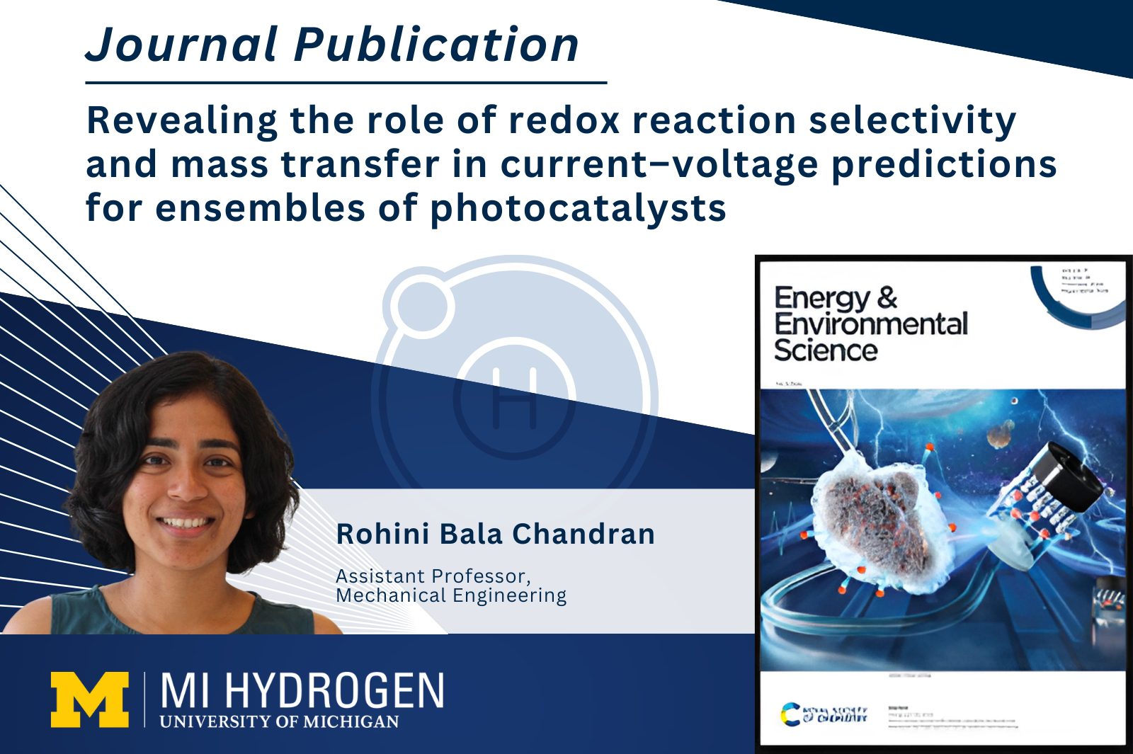 Journal Publication Revealing the role of redox reaction selectivity and mass transfer in current–voltage predictions for ensembles of photocatalysts. Includes a headshot of Rohini Bala Chandran, Assistant Professor of Mechanical Engineering