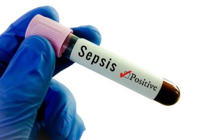 a gloved hang holds a test tube filled with blood with "sepsis" written on it next to a check mark and the word "positive"