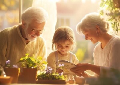 photo of grandparents working at a table with their grandchild