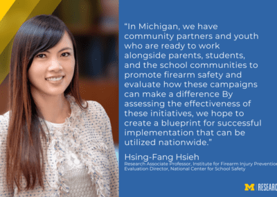 text: “In Michigan, we have community partners and youth who are ready to work alongside parents, students, and the school communities to promote firearm safety and evaluate how these campaigns can make a difference By assessing the effectiveness of these initiatives, we hope to create a blueprint for successful implementation that can be utilized nationwide.” Hsing-Fang Hsieh Research Associate Professor, Institute for Firearm Injury Prevention Evaluation Director, National Center for School Safety