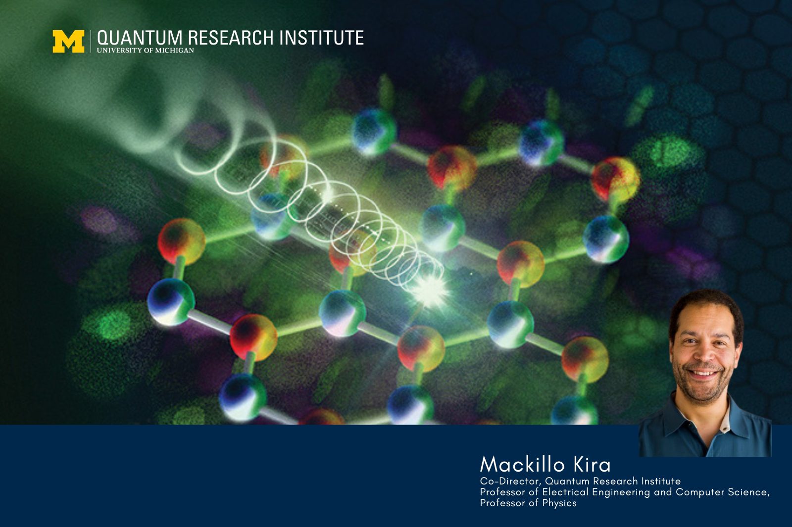 Headshot of Mackillo Kira Co-Director, Quantum Research Institute Professor of Electrical Engineering and Computer Science, Professor of Physics. An artist’s rendering of a pulse of circularly polarized light hitting a 2D semiconductor.