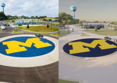 Two side-by-side photos showing an aerial view of the actual Mcity test facility on the left and the digital re-creation in the Mcity digital twin on the right. Images by Joseph Xu, College of Engineering, left, and Darian Hogue, Mcity, right