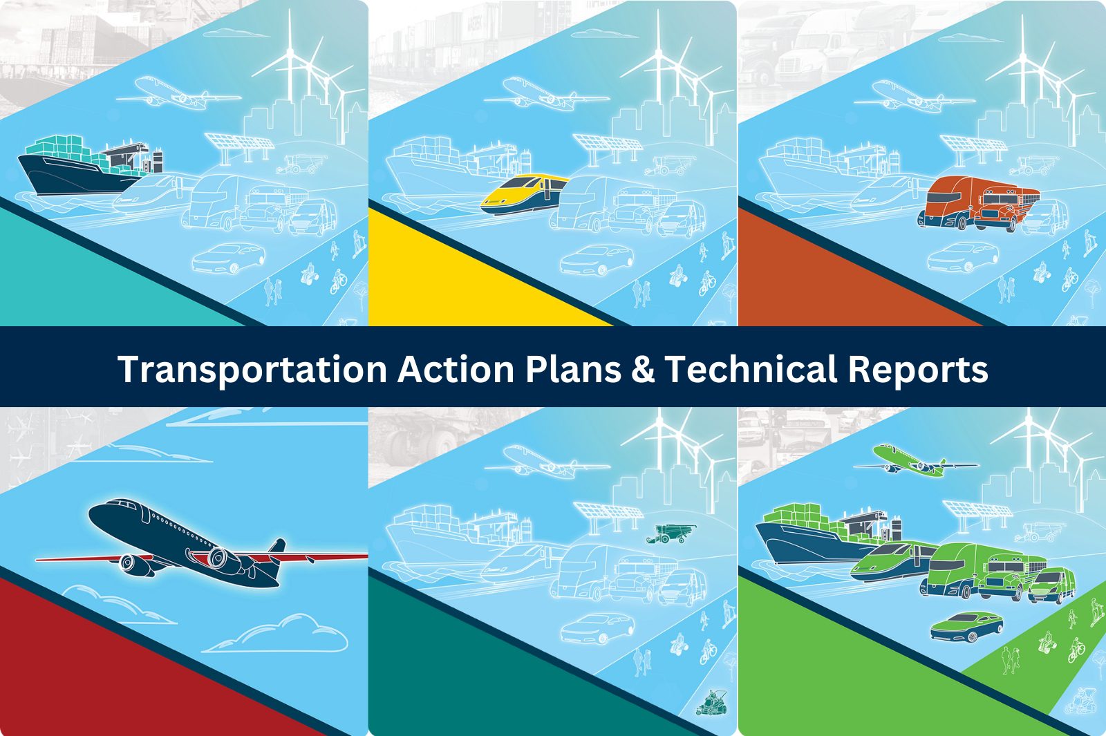 Tiles showing transportation by car, truck, bike, foot, air, rail, boats as well as windmills, solar panels