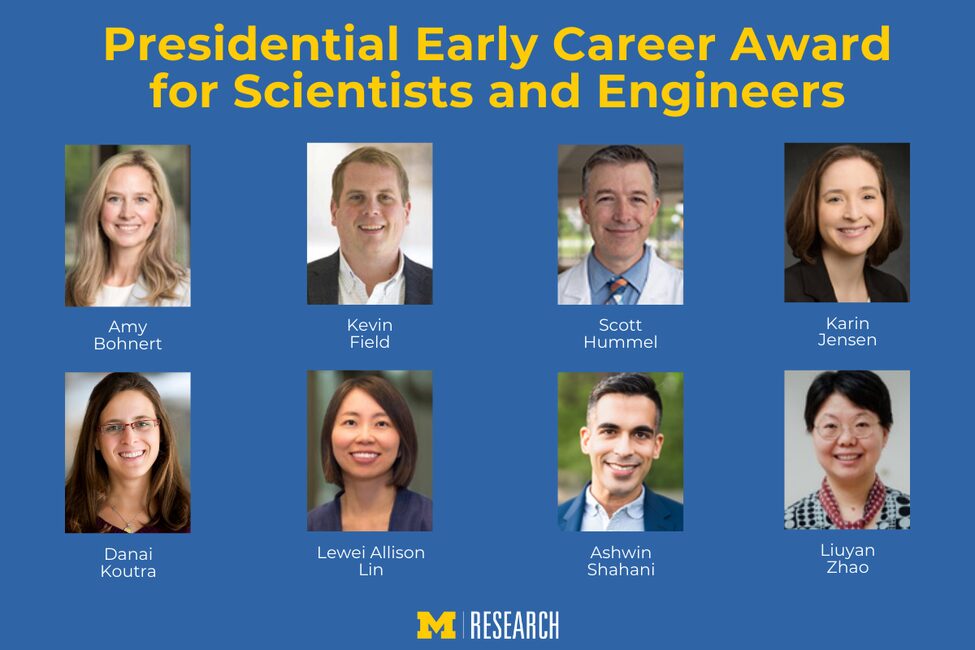 text: Presidential Early Career Award for Scientists and Engineers<br />
photos from left to right: Amy Bohnert, Kevin Field, Scott Hummel, Karin<br />
Jensen, Danai Koutra, Lewei Allison Lin, Ashwin Shahani, Liuyan Zhao<br />
University of Michigan 2025