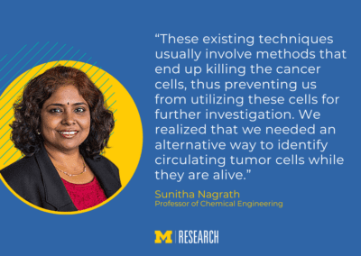 text: “These existing techniques usually involve methods that end up killing the cancer cells, thus preventing us from utilizing these cells for further investigation. We realized that we needed an alternative way to identify circulating tumor cells while they are alive.” Sunitha Nagrath Professor of Chemical Engineering