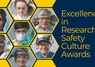 photos of researchers and research staff in various personal protective equipment. text: Excellence in Research Safety Culture Awards