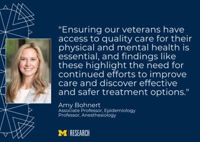 text: "Ensuring our veterans have access to quality care for their physical and mental health is essential, and findings like these highlight the need for continued efforts to improve care and discover effective and safer treatment options." Amy Bohnert Associate Professor, Epidemiology Professor, Anesthesiology