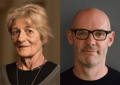 side by side photos of Phoebe Ellsworth and Scott Page