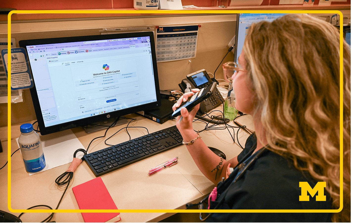 Teodora Vercerdi, PA-C at Michigan Medicine, uses DAX Copilot at her workstation in the Pediatric Emergency Department at C.S. Mott Children’s Hospital to streamline documentation during a busy shift in the Emergency Department. Powered by AI, DAX listens to patient encounters and automatically drafts clinical notes, helping clinicians save time, reduce burnout, and stay more focused on patient care. It’s one of several AI tools being explored to improve efficiency and outcomes in emergency medicine.