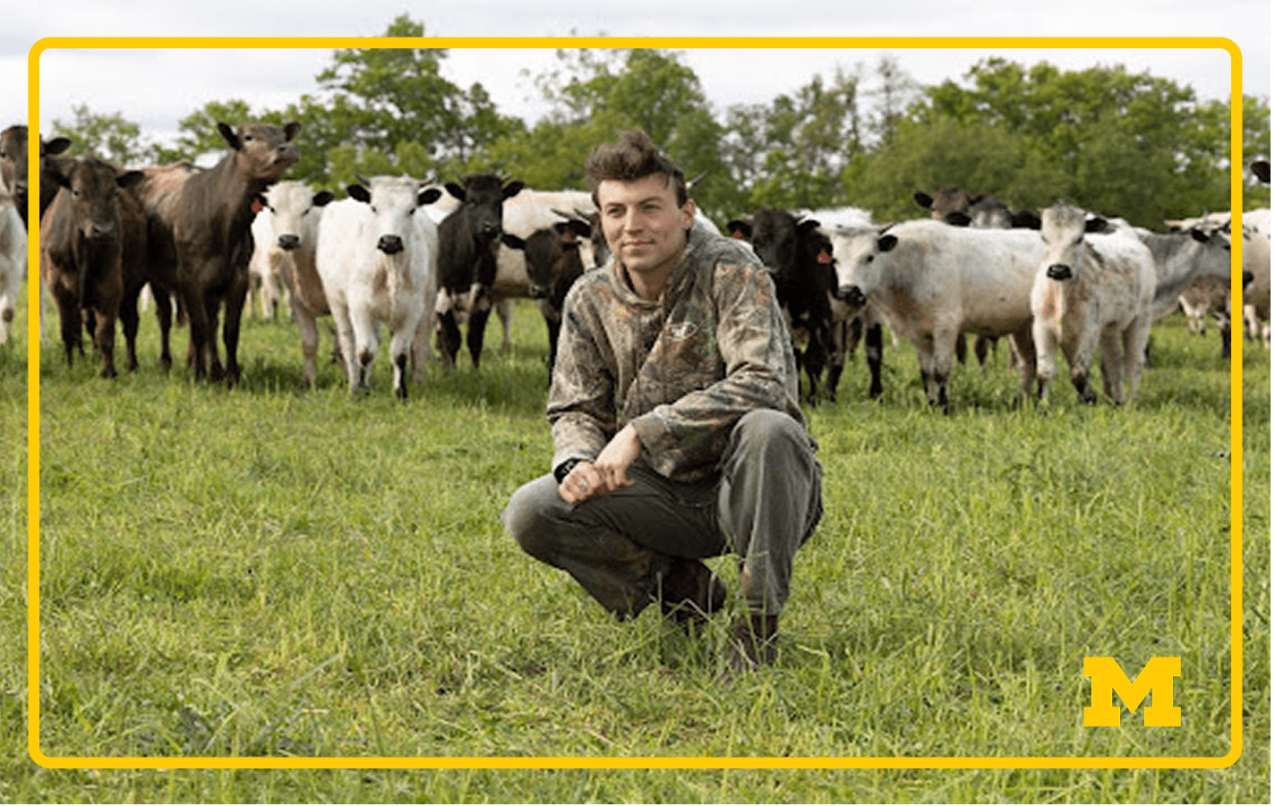 Will Brinkerhoff, a PhD candidate at the University of Michigan School for Environment and Sustainability (SEAS) Will Brinkerhoff in camouflage clothing squats on green grass in a pasture, with a herd of cattle standing behind him.