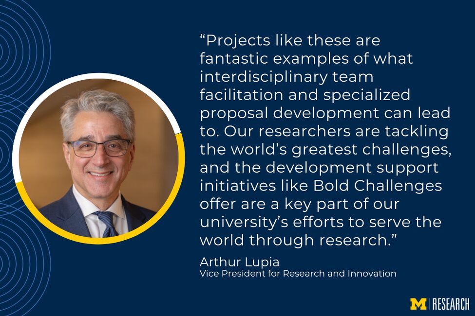 photo of Arthur Lupia text: “Projects like these are fantastic examples of what interdisciplinary team facilitation and specialized proposal development can lead to. Our researchers are tackling the world’s greatest challenges, and the development support initiatives like Bold Challenges offer are a key part of our university’s efforts to serve the world through research.” Arthur Lupia, Vice President for Research and Innovation