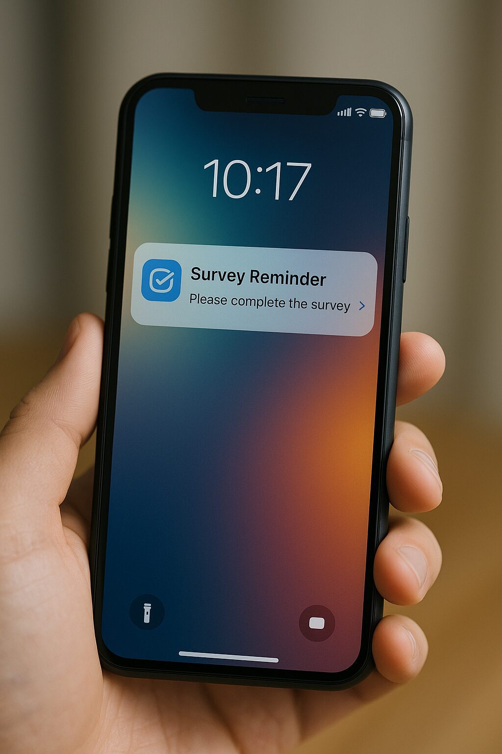 Hand holding a smartphone displaying a notification at 10:17, reminding the user to complete a survey.