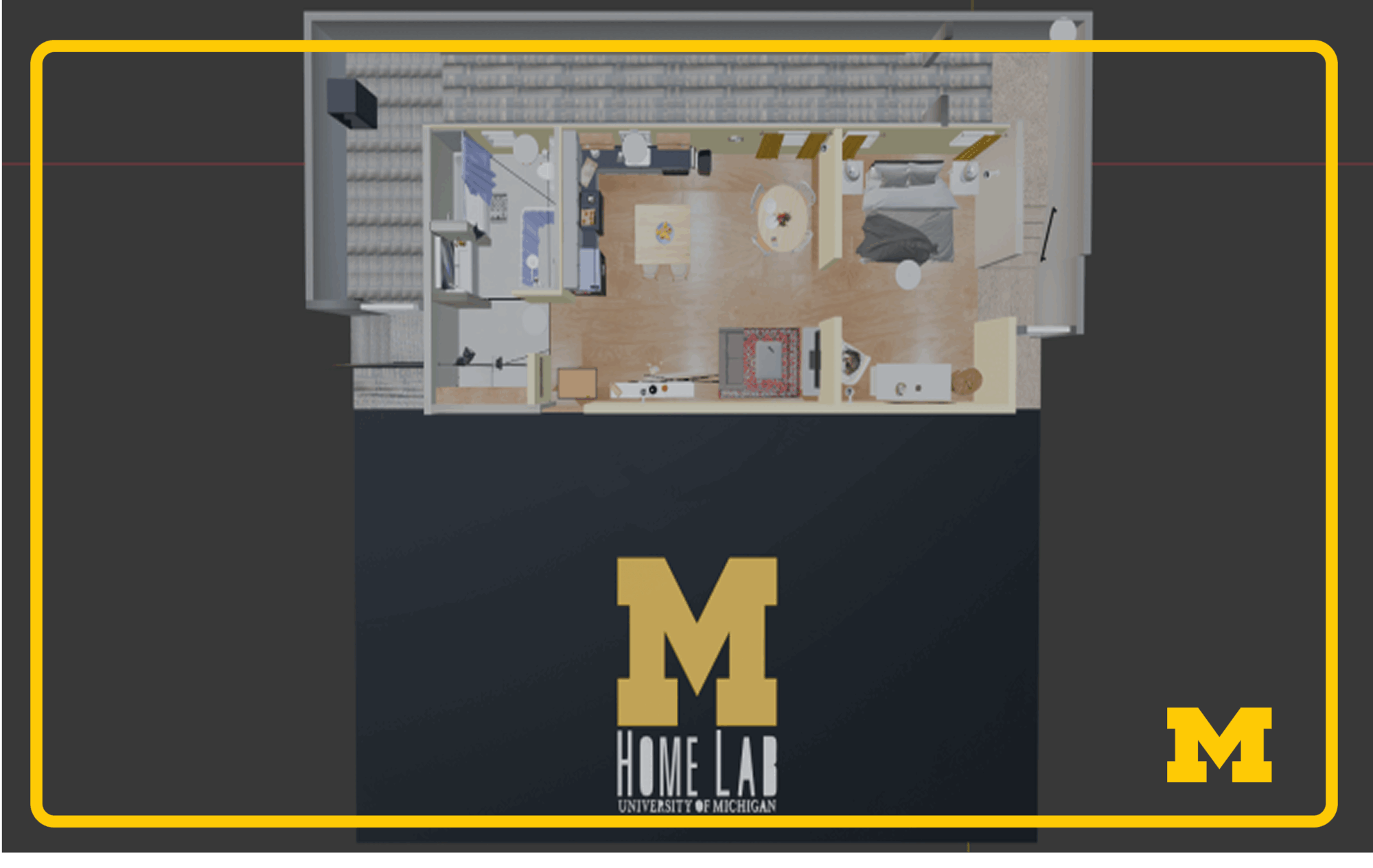 A 3D Model of the HomeLab. Floor plan of a home with living room, kitchen, bathroom, and bedroom areas, labeled "Home Lab".