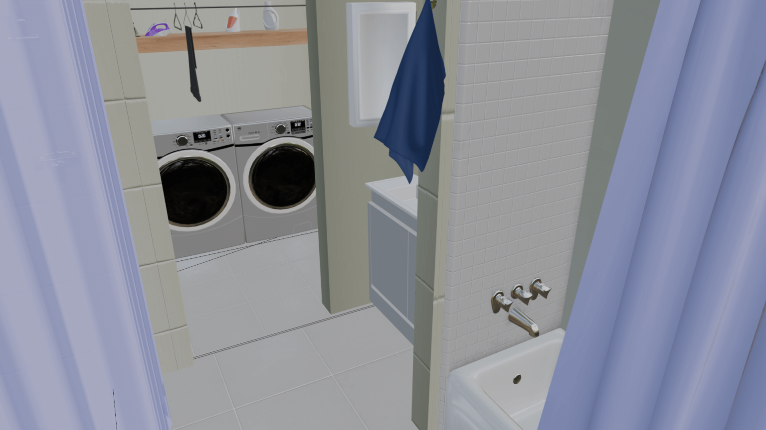 A small bathroom with a washer and dryer, a bathtub, and a blue shower curtain.