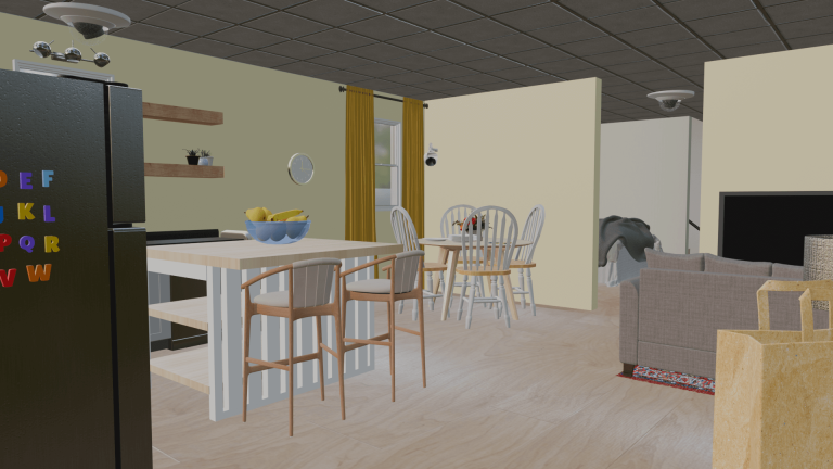 A modern kitchen with a bar table, dining area, and cozy seating, featuring yellow curtains and a refrigerator.