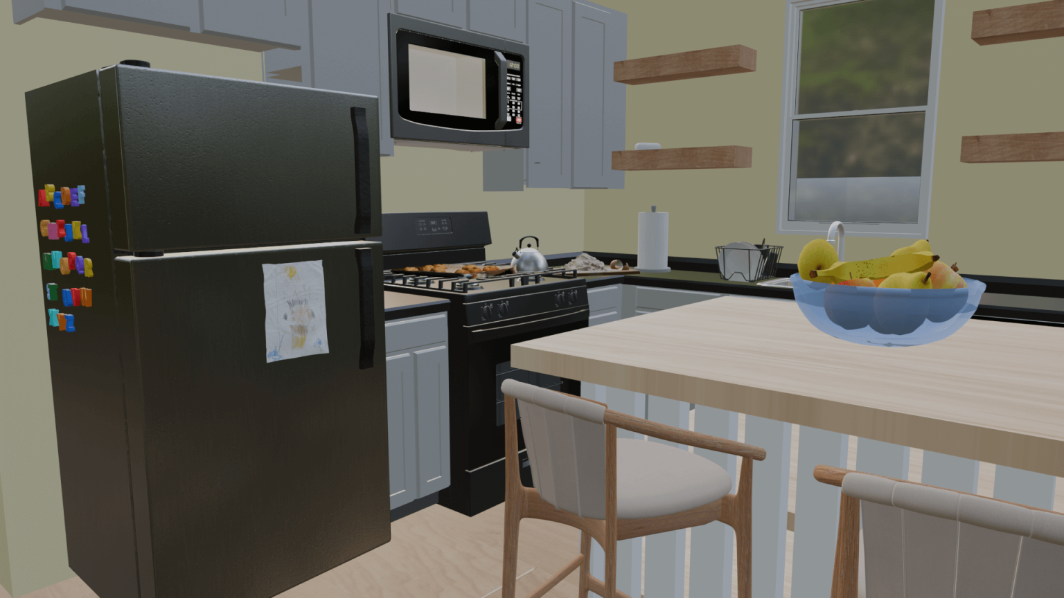 Kitchen with a black fridge, microwave, gas stove, wooden shelves, and a fruit bowl on the counter.