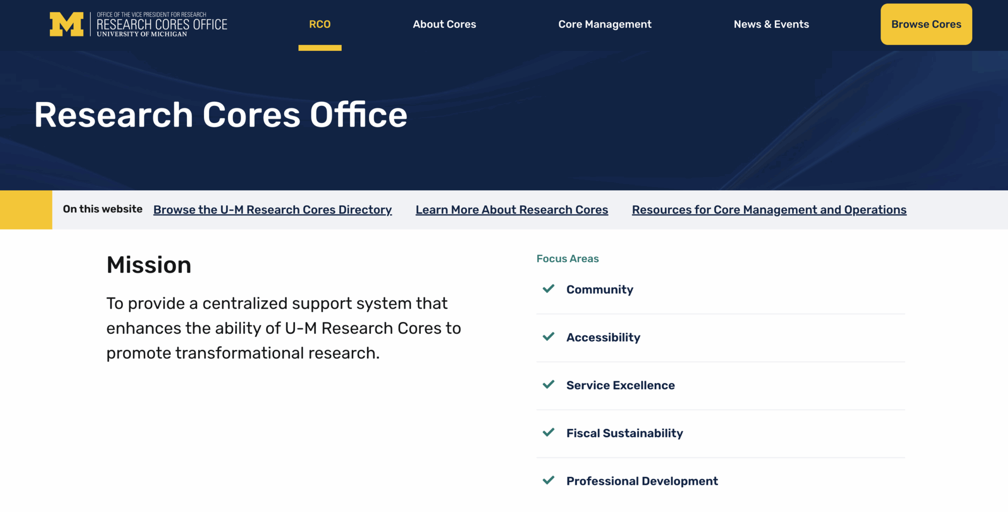 University of Michigan Research Cores Office webpage showing mission statement and focus areas: community, accessibility, service excellence, sustainability, and development.