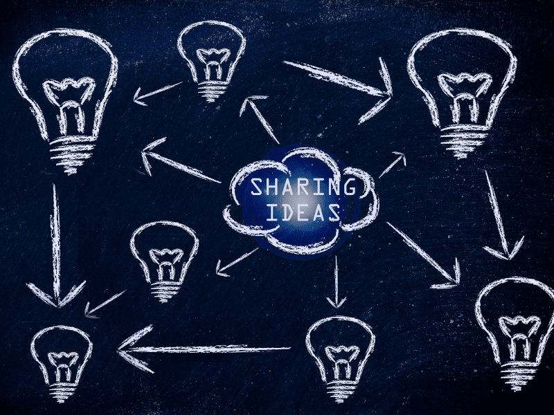 A chalk board graphic with a light bulbs and the words, "Sharing Ideas."