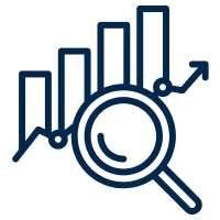 magnifying glass icon with a bar chart showing  and an arrow upwards progress