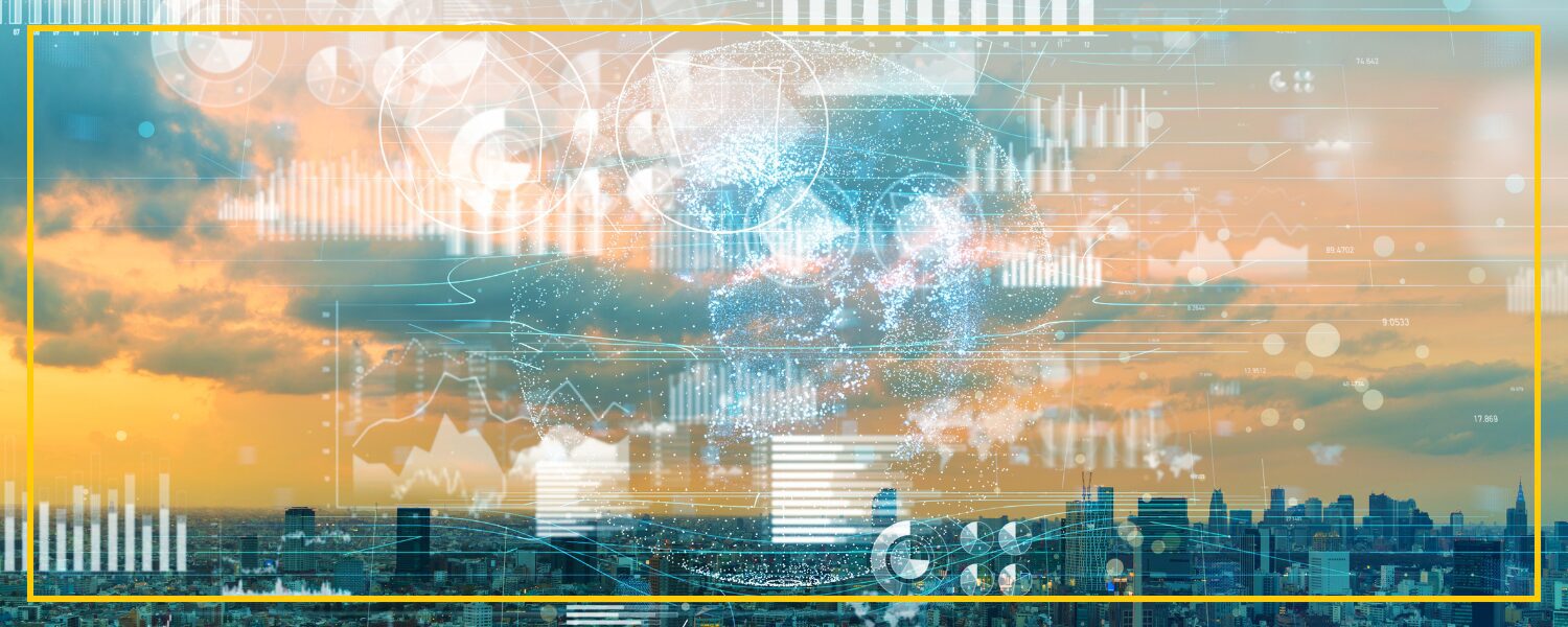 image of a skyline with various charts overlayed