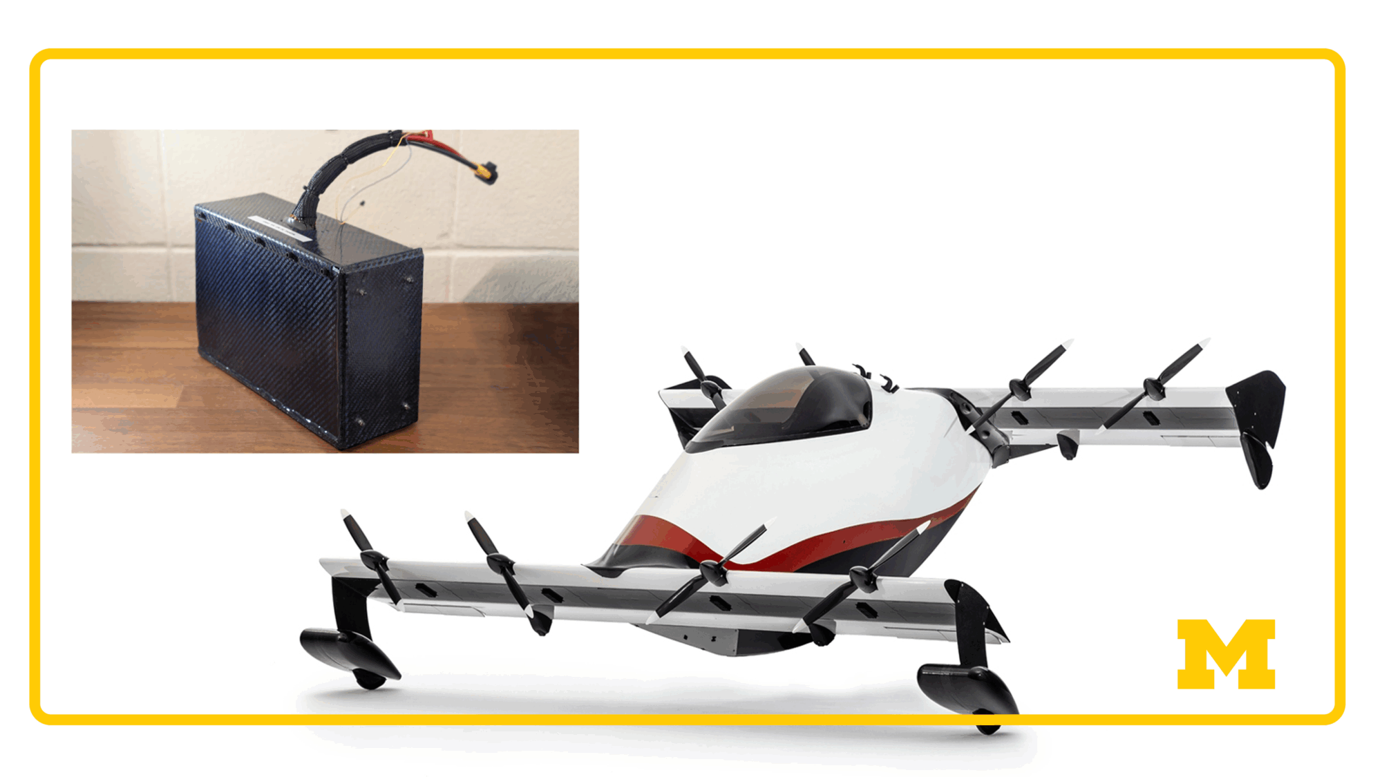 A carbon fiber battery pack sits on a table, shown next to a modern electric vertical takeoff and landing aircraft.