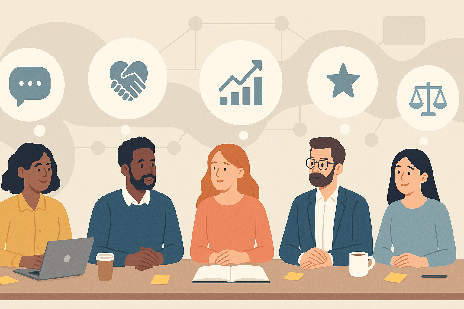 Five people sit at a table with open books, coffee cups, and symbols of teamwork, growth, and values overhead.