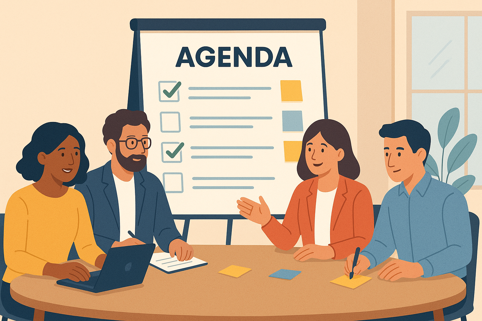 Four individuals participate in a meeting around a table, discussing agenda items displayed on a large flip chart.