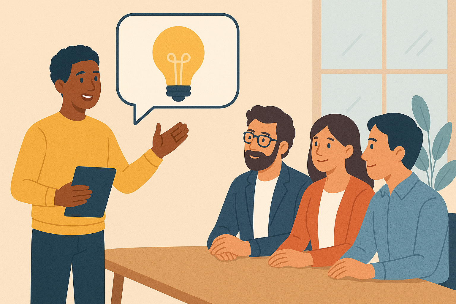 Person presenting with a tablet in hand, sharing a lightbulb idea to a group seated at a table.