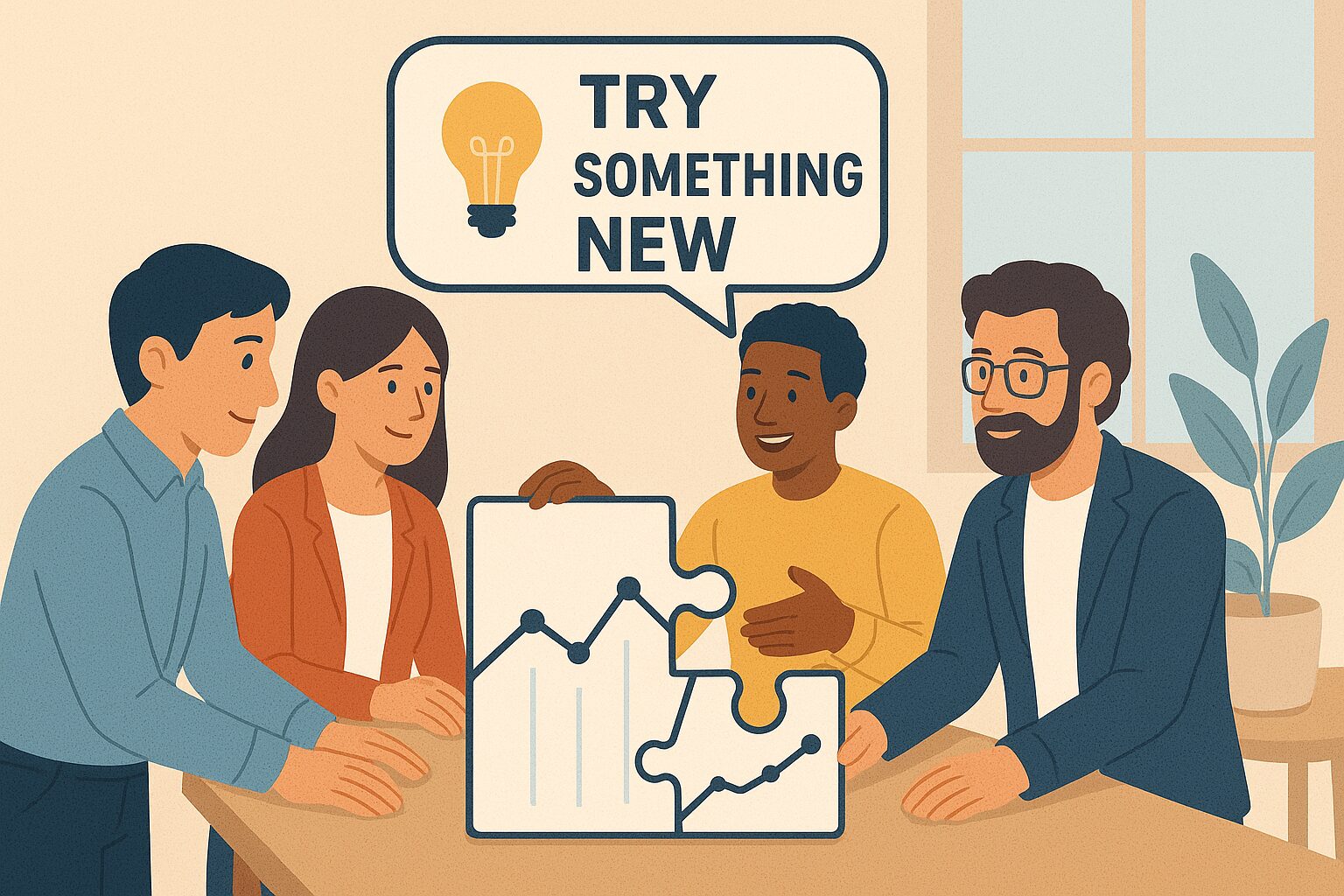 Four people collaborate around a table, fitting puzzle pieces together and discussing the idea “Try Something New.”