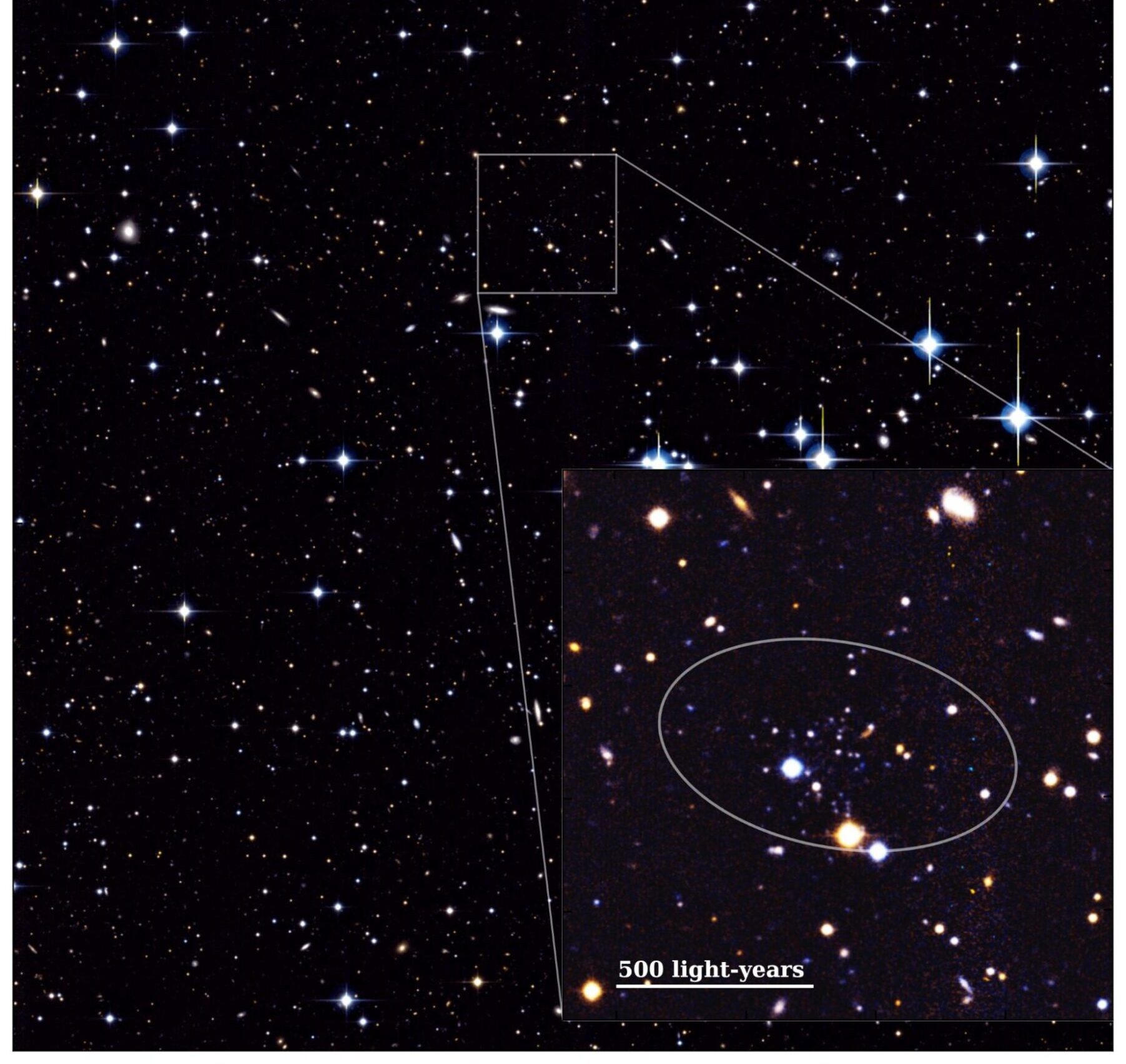 A false-color image taken with MegaCam on the Canada-France-Hawaii Telescope (CFHT) as part of the Pan-Andromeda Archaeological Survey (PAndAS) shows a large swath of black space dotted with blue and yellow stars of various brightness. Toward the center of the image, an inset highlights a small cluster of faint spots, revealing where Andromeda XXXV is located.