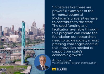 video of Detroit and the Ambassador Bridge text: “Initiatives like these are powerful examples of the immense potential Michigan’s universities have to contribute to the state. The seed funding and facilitation available through this program can create the foundation our researchers need to tackle society’s most pressing challenges and fuel the innovation needed to support our state’s economic growth.” Arthur Lupia Vice President for Research and Innovation