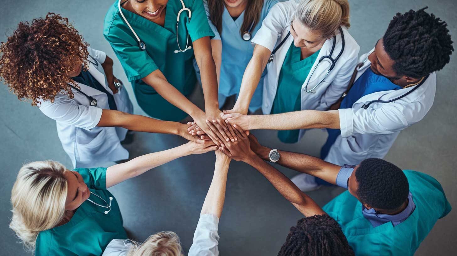 aerial photo of a group of nurses and doctors in a circle, putting their hands in the middle