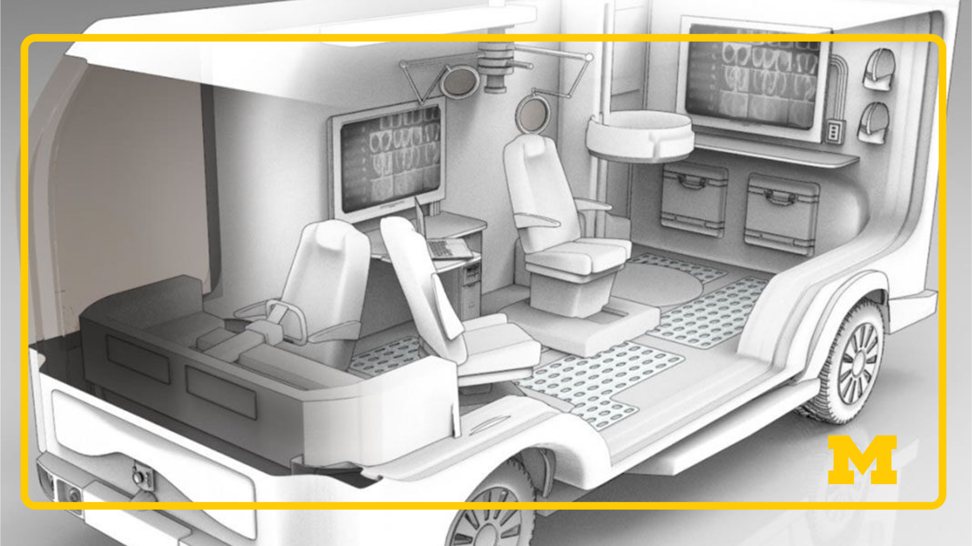 An illustration shows a vehicle roughly the size of a shuttle bus equipped with a chair for examinations and procedures, ceiling lights on adjustable arms, cabinets, screens, a desk, and other furnishings similar to a doctor's office.