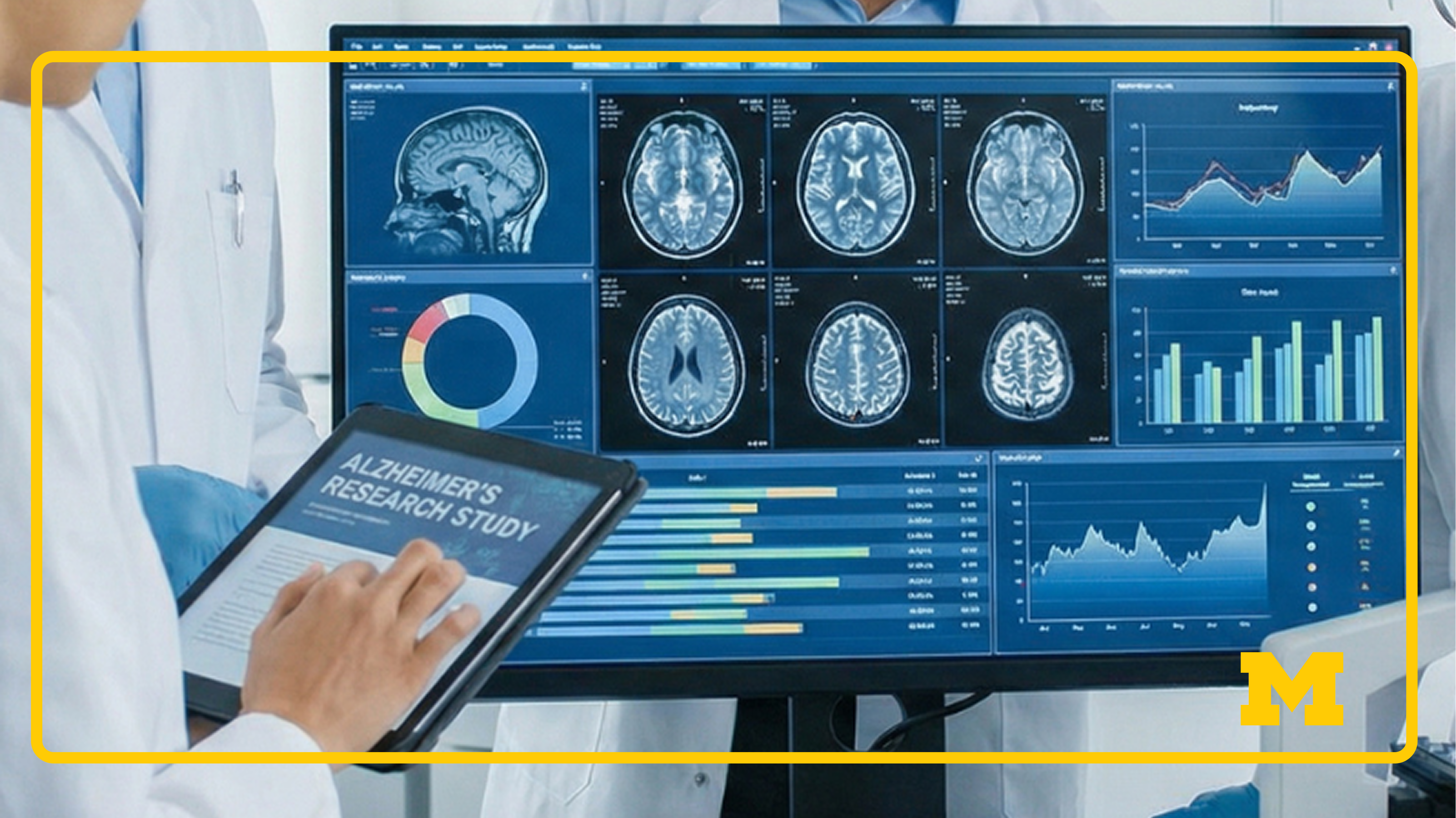 Researchers in lab coats analyze brain scans, charts, and statistics on a large monitor for Alzheimer’s research study.
