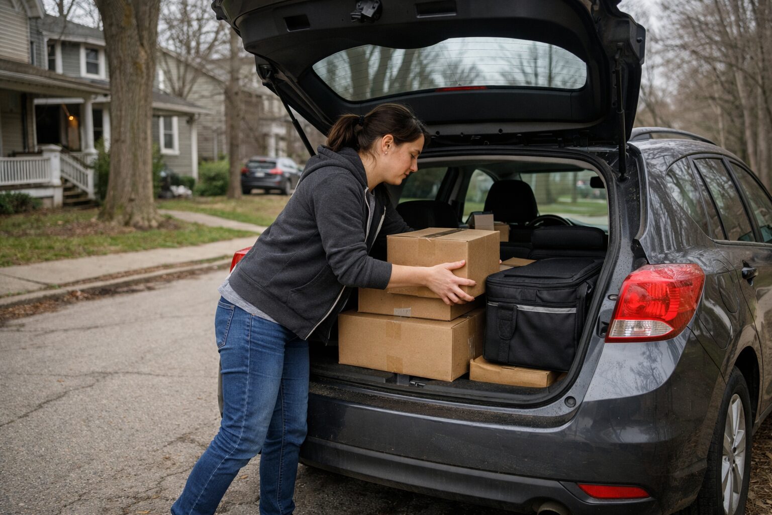 A person wearing jeans and a dark hoodie loads cardboard boxes and a black bag into the open trunk of a hatchback car parked on a residential street lined with houses and trees.