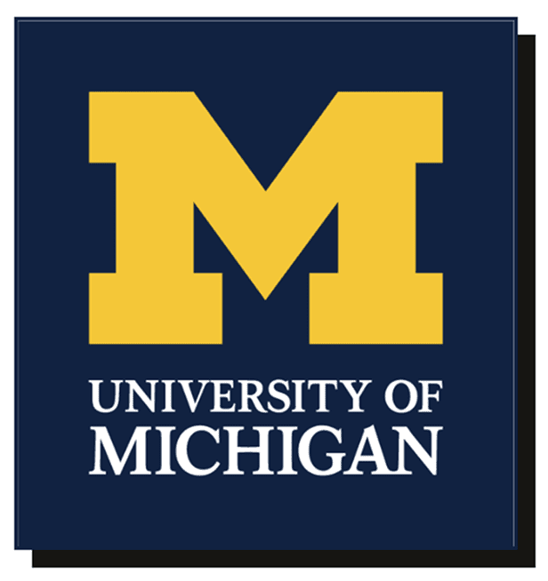 University of Michigan logo featuring a large yellow block 'M' above the words 'University of Michigan' in white text on a dark blue background.