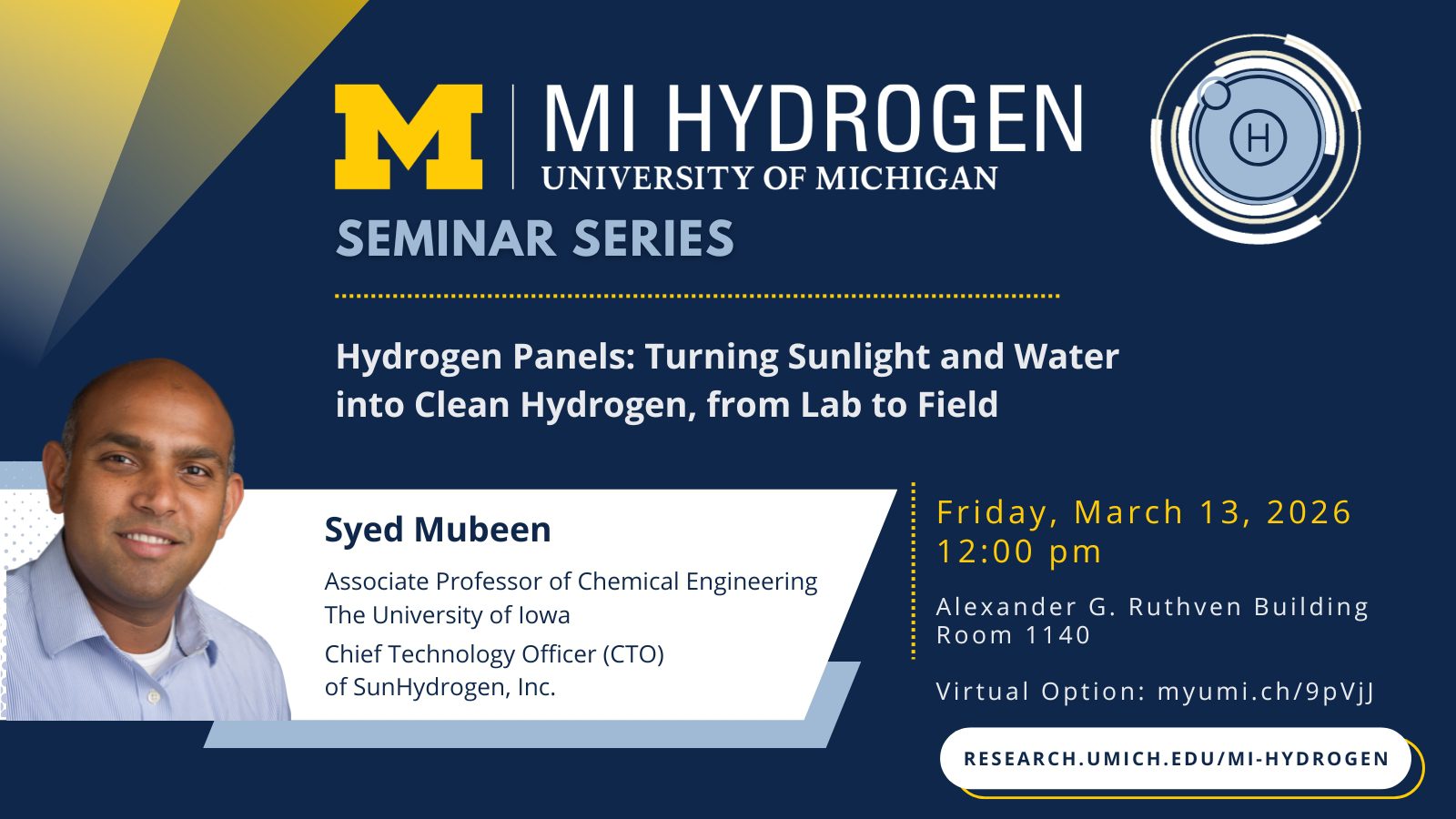 MI Hydrogen Seminar Series promotional graphic from the University of Michigan. The seminar is titled 