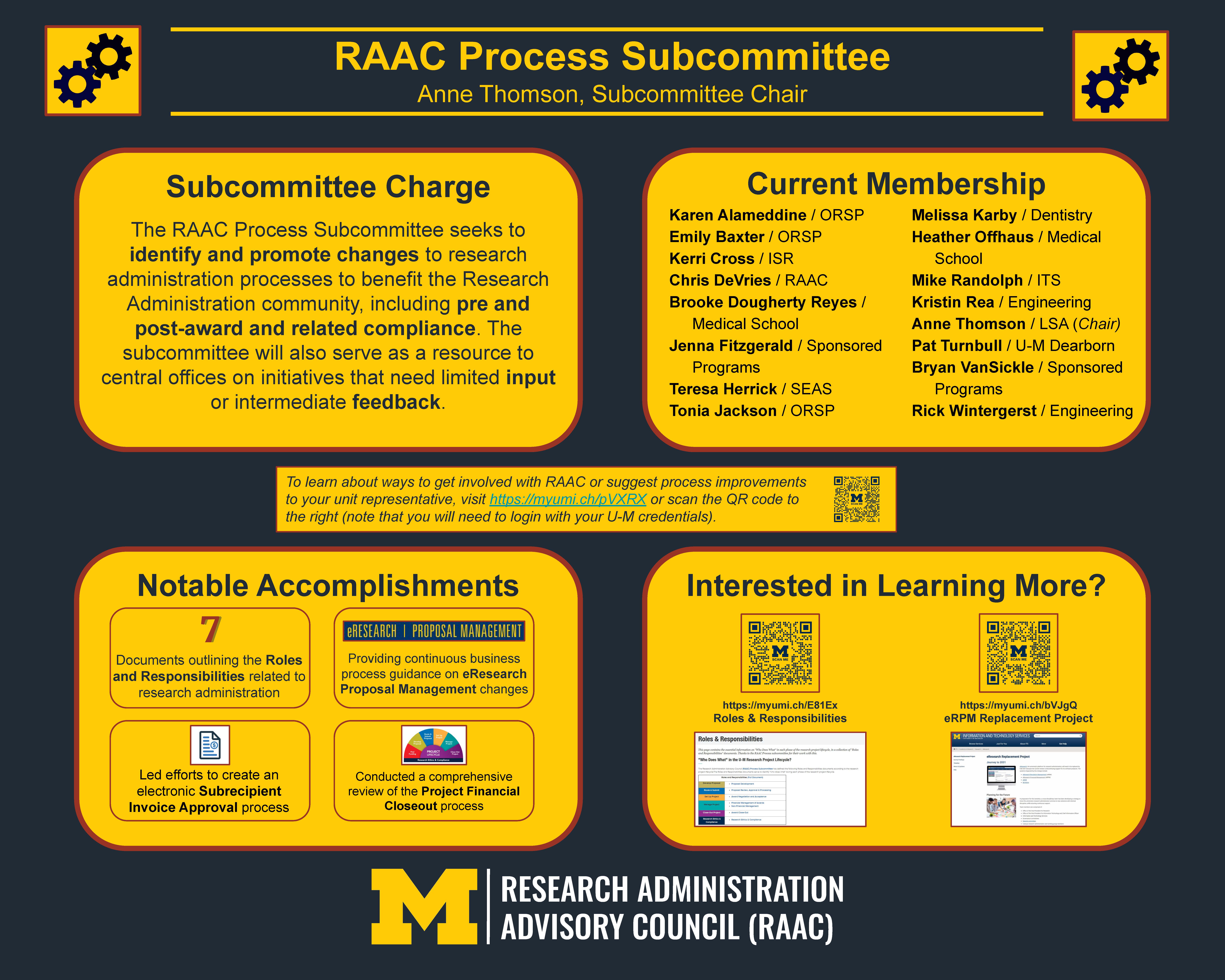 RAAC Process Subcommittee RAAC Process Subcommittee. The RAAC Process Subcommittee works to identify and promote improvements to research administration processes that benefit the Research Administration community, spanning pre-award, post-award, and related compliance activities. The subcommittee also serves as a resource to central offices by providing targeted input and intermediate feedback on initiatives that affect day-to-day research administration work. Notable accomplishments include developing seven documents that clarify research administration roles and responsibilities, providing ongoing business process guidance on eResearch Proposal Management changes, leading efforts to create an electronic subrecipient invoice approval process, and conducting a comprehensive review of the project financial closeout process. Research administrators who want to get involved, suggest process improvements, or learn more can use the posted links/QR codes to access resources on roles and responsibilities and the eRPM replacement project.