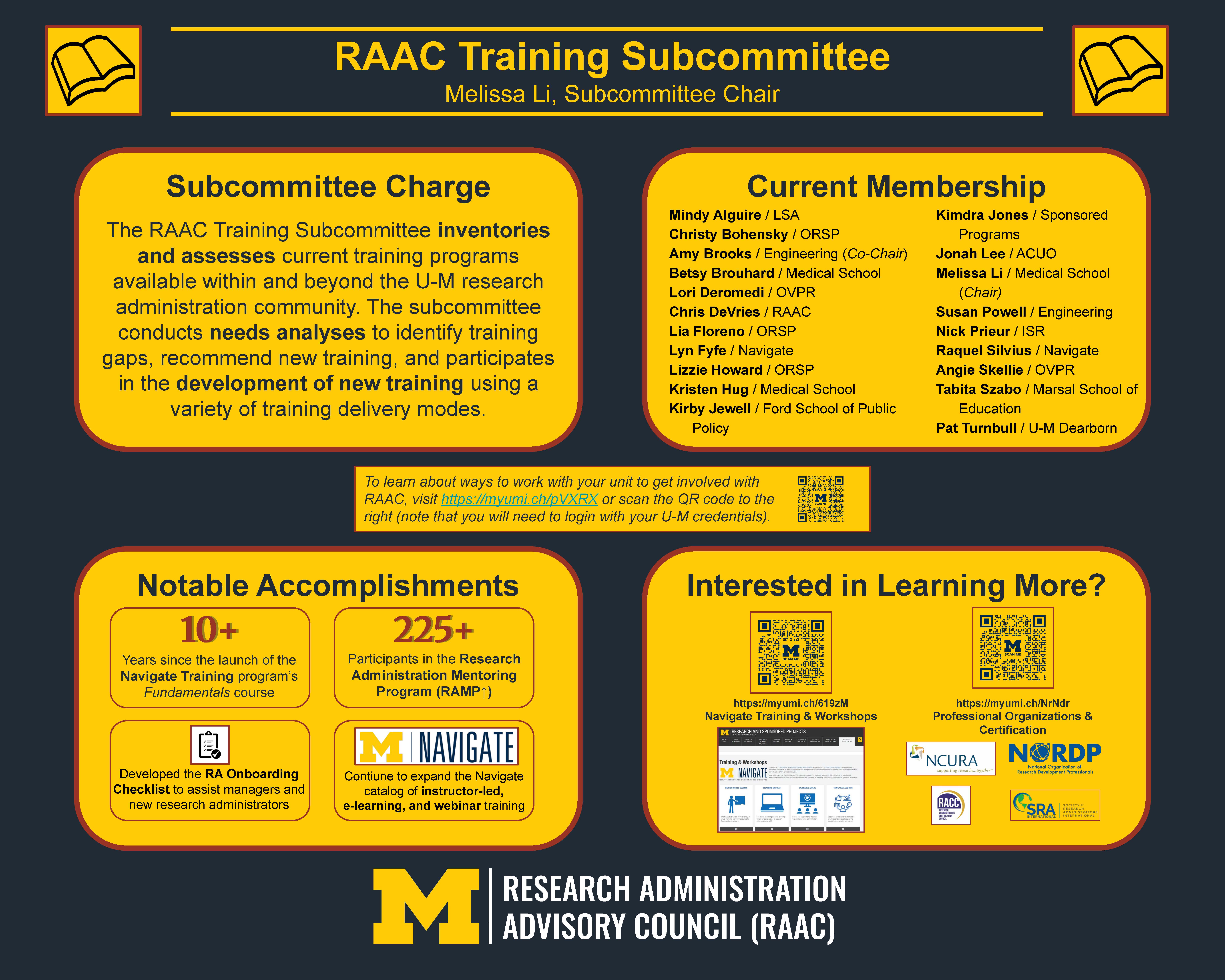 RAAC Training Subcommittee RAAC Training Subcommittee. The RAAC Training Subcommittee inventories and assesses training programs available within and beyond the U‑M research administration community, conducts needs analyses to identify training gaps, recommends new training, and contributes directly to the development of new learning opportunities delivered through multiple formats. Notable accomplishments include supporting more than 10 years of Navigate’s Research Administration Fundamentals training, engaging 225+ participants through the Research Administration Mentoring Program (RAMP), developing a research administrator onboarding checklist to assist managers and new staff, and continuing to expand the Navigate training catalog across instructor-led sessions, e-learning, and webinars. Research administrators who want to learn more or get involved can use the posted links/QR codes to explore Navigate trainings and workshops as well as professional organizations and certification pathways.