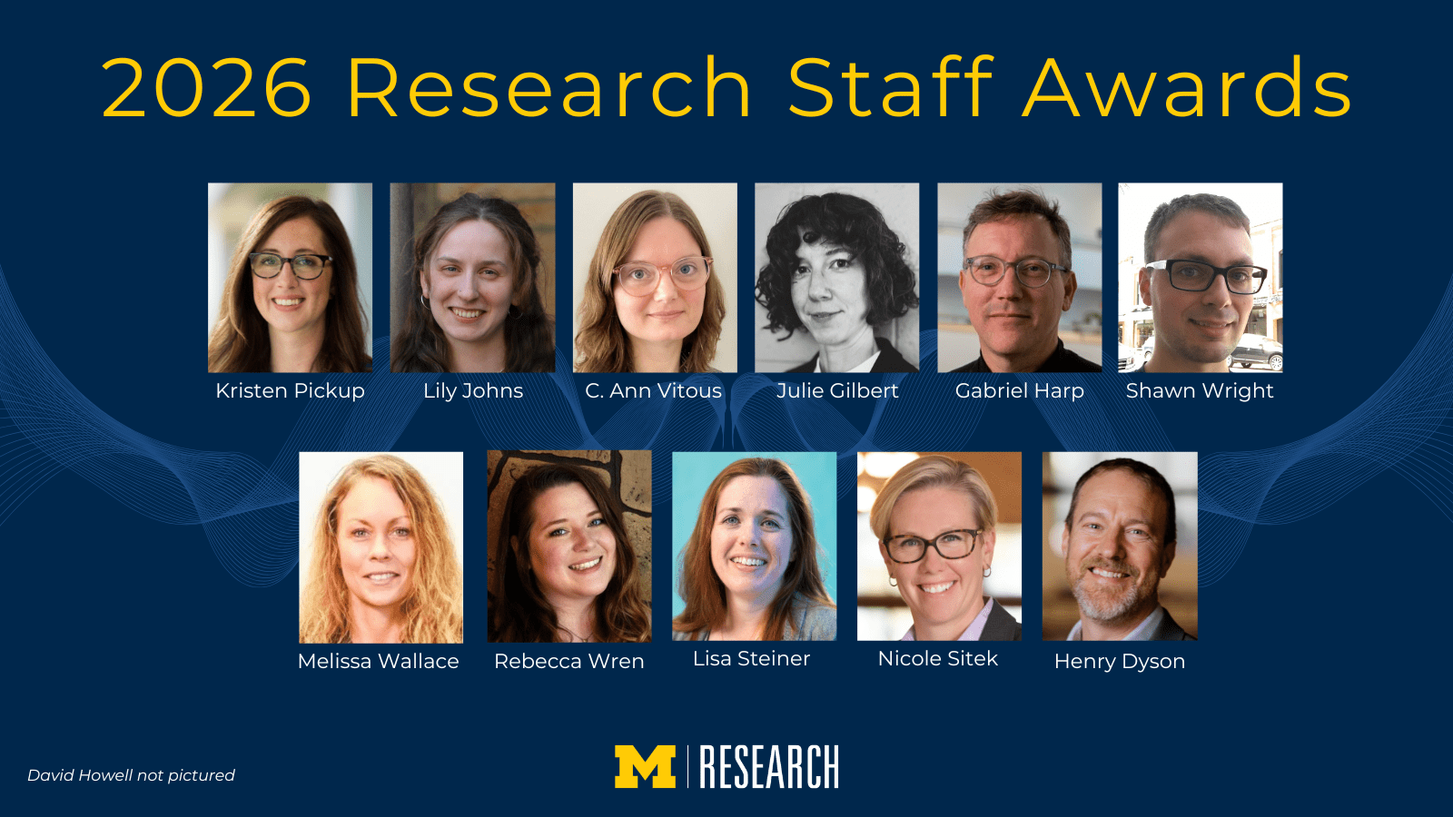 text: 2026 Research Staff Awards<br />
photos from left to right, top to bottom<br />
Kristen Pickup<br />
Lily Johns<br />
C. Ann Vitous<br />
Julie Gilbert<br />
Gabriel Harp<br />
Shawn Wright<br />
Melissa Wallace<br />
Rebecca Wren<br />
Lisa Steiner<br />
Nicole Sitek<br />
Henry Dyson<br />
David Howell not pictured