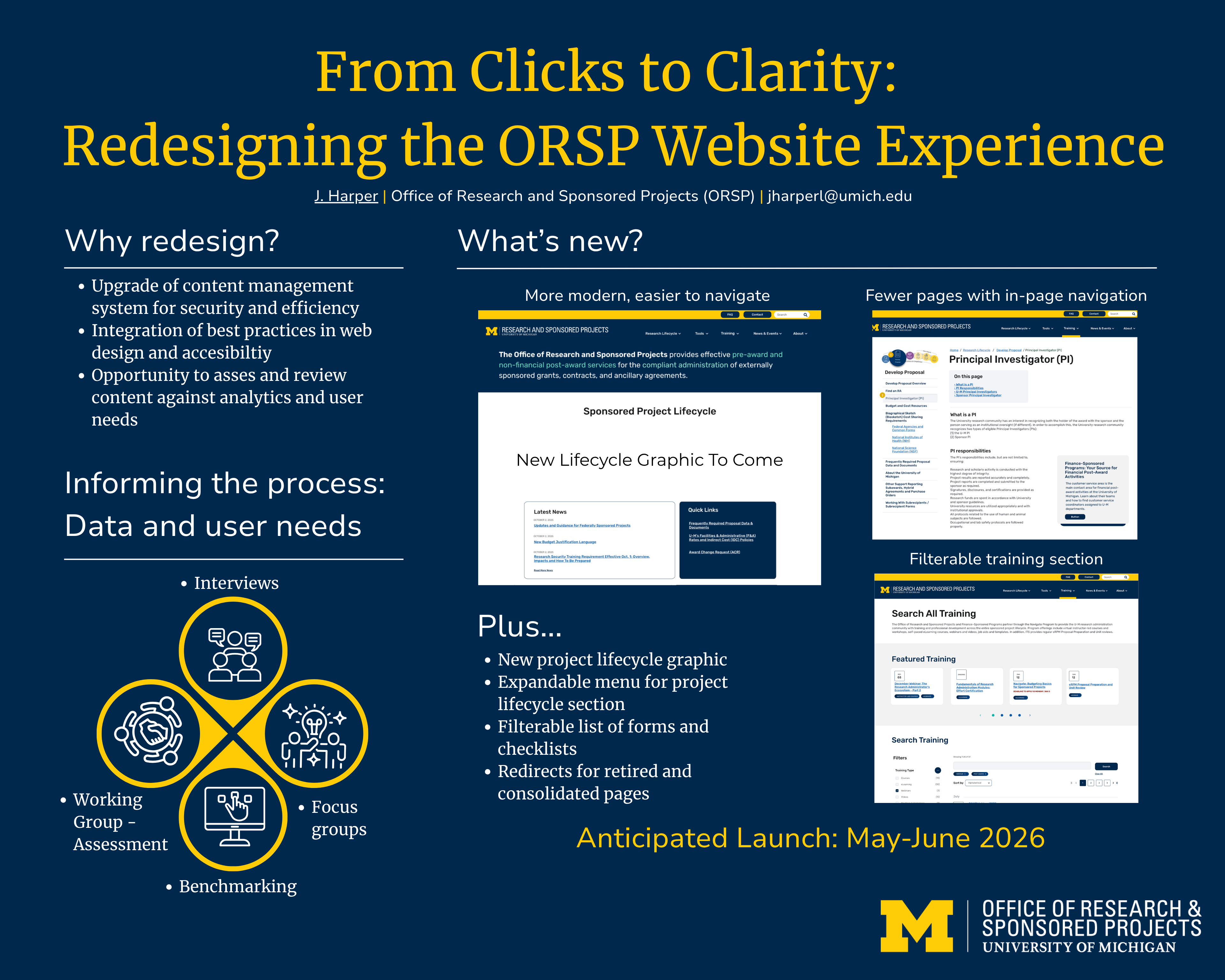 From Clicks to Clarity_ Redesigning the ORSP Website Experience From Clicks to Clarity: Redesigning the ORSP Website Experience. The ORSP website redesign, “From Clicks to Clarity,” modernizes the site to improve security, efficiency, accessibility, and overall usability while aligning content with best practices in web design and user experience. The project is informed by data and user needs through interviews, a working-group assessment, focus groups, and benchmarking, enabling ORSP to evaluate existing content against analytics and what users most need to find and do. Key improvements include a more modern, easier-to-navigate experience; fewer pages supported by clearer in-page navigation; a new sponsored project lifecycle graphic and an expandable lifecycle menu; a filterable training section; and filterable lists of forms and checklists, along with redirects and consolidation for retired or redundant pages. The anticipated launch window is May–June 2026.
