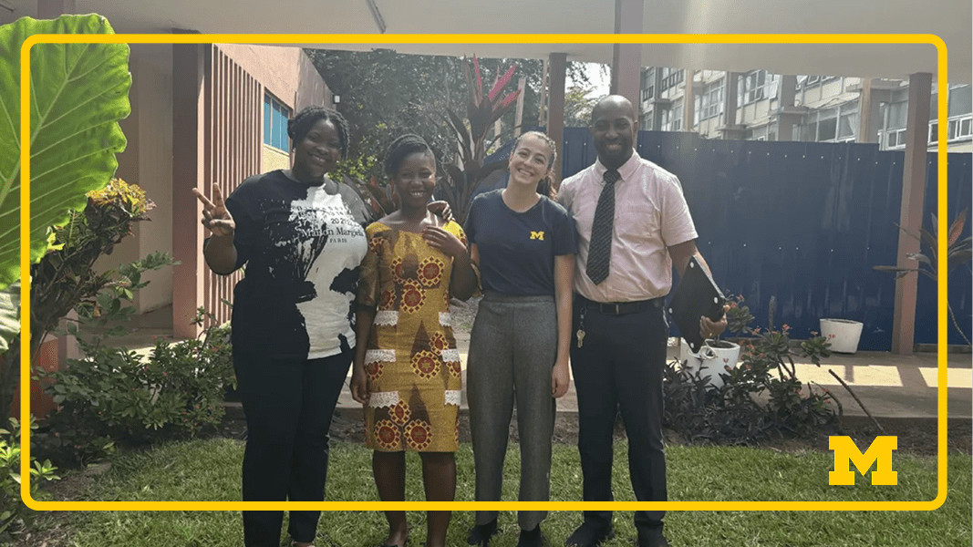 Eliza Steinberg with collaborators (L to R) Thelma Quarshie, Joyce Sam, and Alim Swarray-Deen in northern Ghana. Researchers pose for a group photo in a garden.