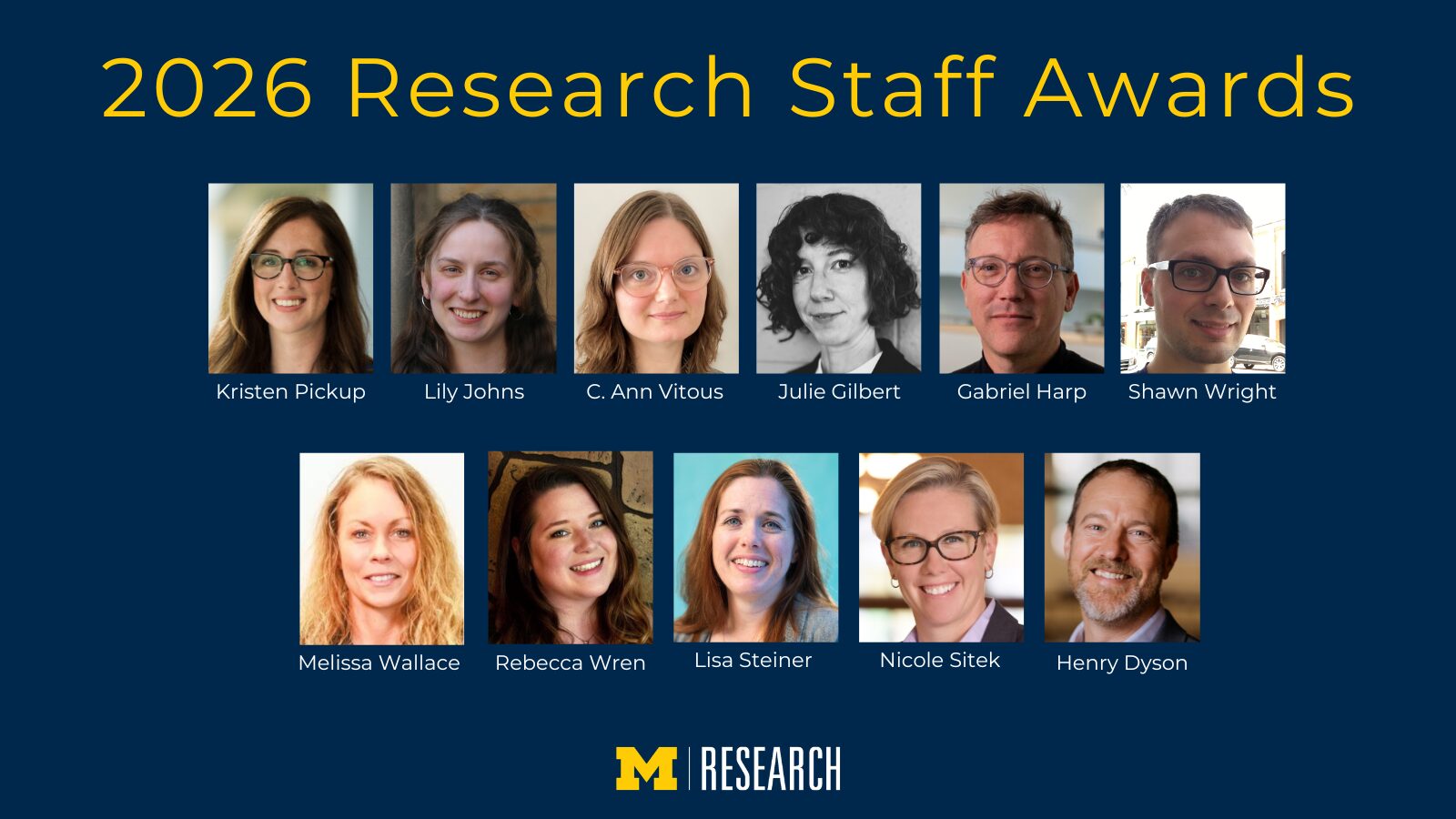 text: 2026 Research Staff Awards photos from left to right, top to bottom Kristen Pickup Lily Johns C. Ann Vitous Julie Gilbert Gabriel Harp Shawn Wright Melissa Wallace Rebecca Wren Lisa Steiner Nicole Sitek Henry Dyson