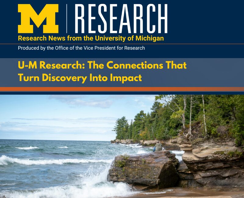 Michigan Research logo above a photo of waves crashing against Lake Superior's rocky and tree lined shoreline.