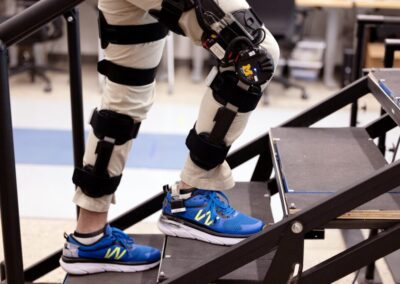 A motorized knee exoskeleton is shown on a staircase in the Rehabilitation Robotics Laboratory at the Ford Robotics Building on the North Campus of the University of Michigan in Ann Arbor, Michigan, on Tuesday, May 12, 2026.