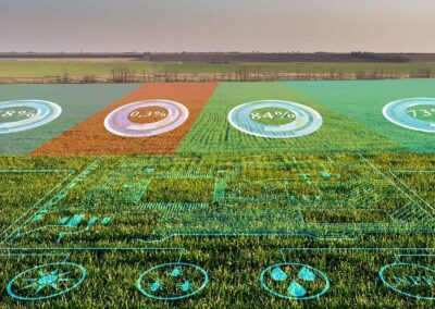 An aerial view of a farm field with holographic data overlays showing crop health percentages and analysis tools.